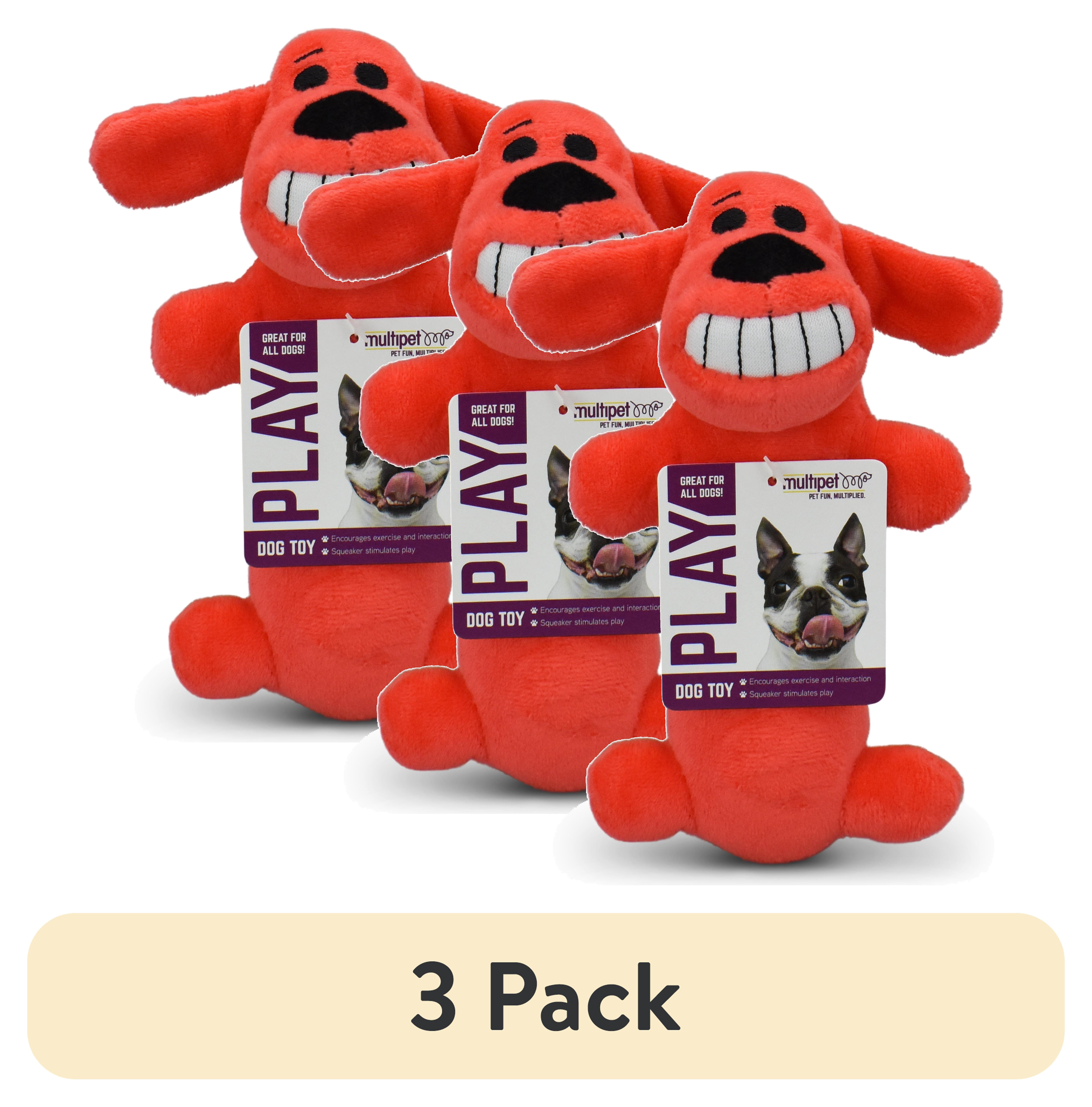 (3 pack) Multipet Smiling Loofa Plush Dog Toy with Squeaker, 6 inch