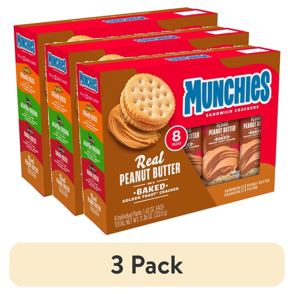 (3 pack) Munchies Real Peanut Butter Baked Golden Toast Sandwich Crackers, 11.36 oz