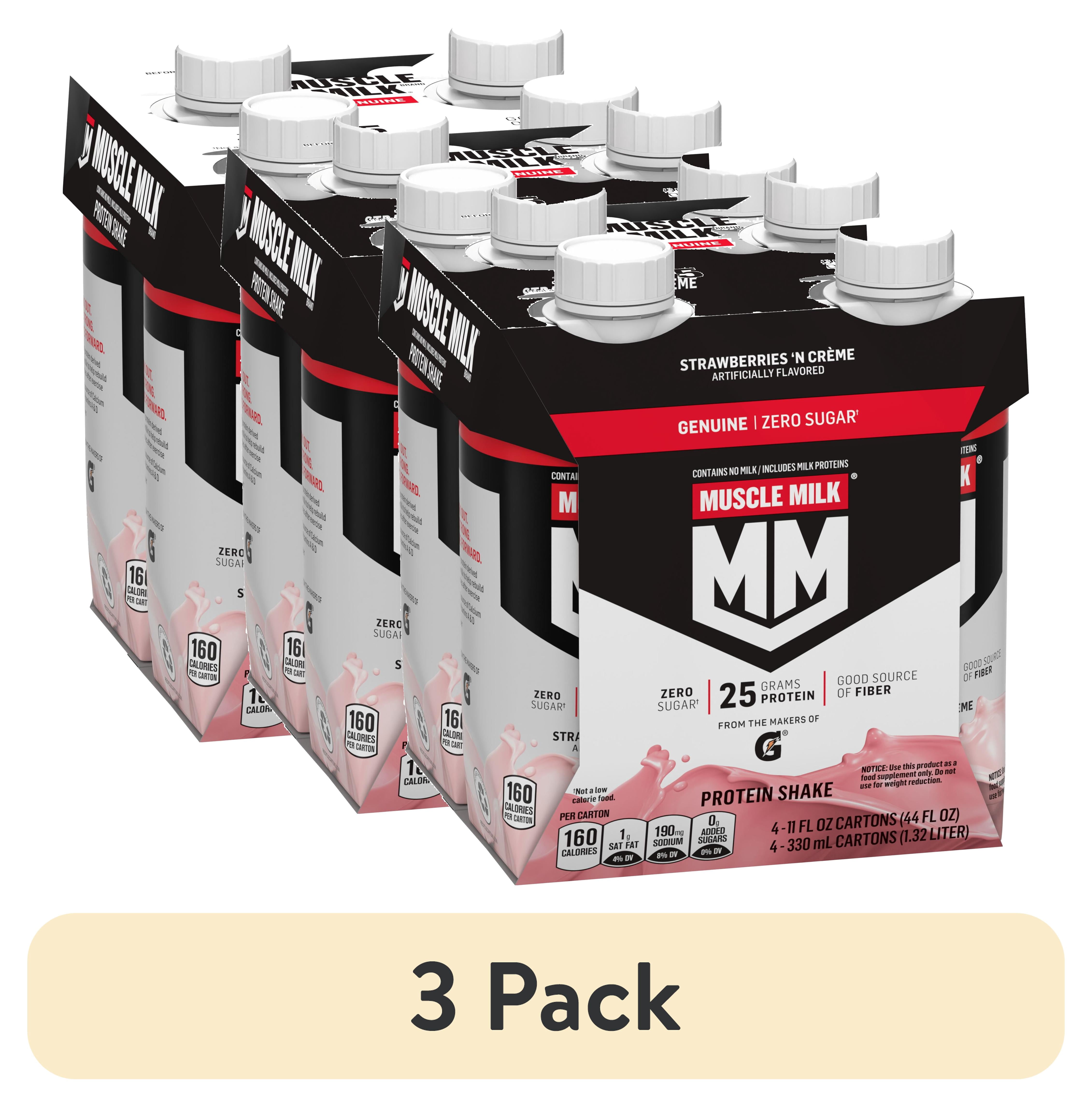 (3 pack) Muscle Milk Genuine Protein Shake Strawberries 'n Crème, 11 fl oz Carton, 4 Pk
