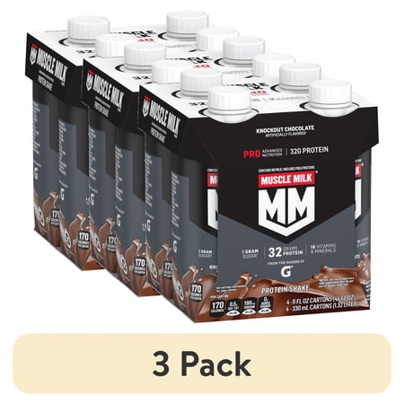 (3 pack) Muscle Milk Pro Advanced Nutrition Protein Shake, Knockout Chocolate, 11 fl oz Bottle, 4 Pack