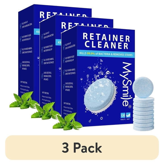 (3 pack) MySmile 120pc Retainer Cleaner Tablets Denture Cleanser for Invisalign, Teeth Whitening Tray, Mouth Guard Cleaner, Water Flosser Tank, Tea & Coffee Cup, Fast Remove Stains, Mint