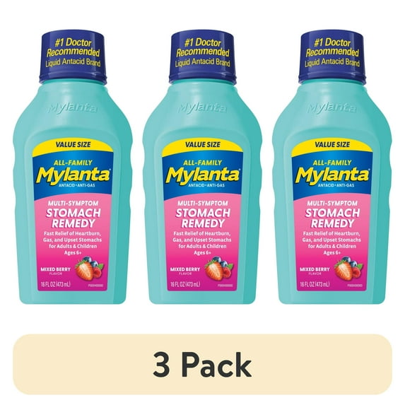 (3 pack) Mylanta Heartburn and Gas Relief, Liquid Antacid, All-Family Formula, Berry Flavor, Value Size 16oz
