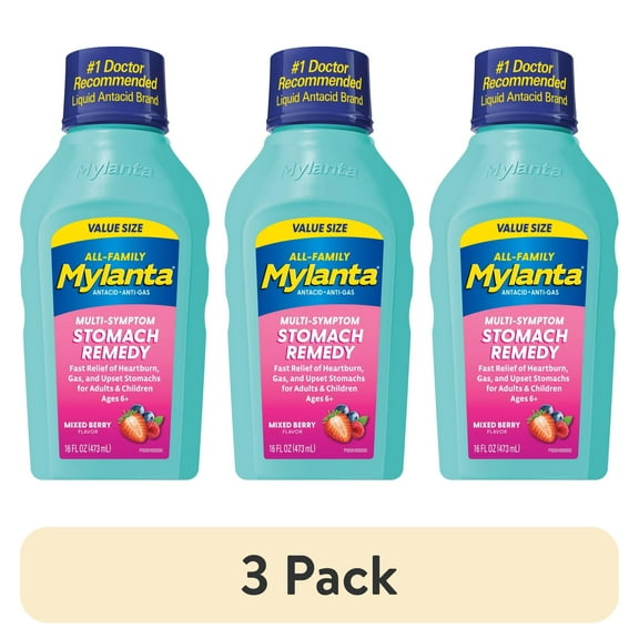 (3 pack) Mylanta Heartburn and Gas Relief, Liquid Antacid, All-Family Formula, Berry Flavor, Value Size 16oz