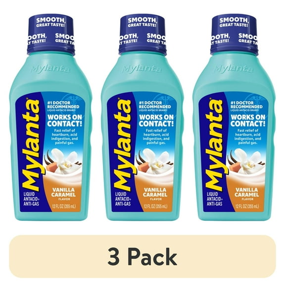 (3 pack) Mylanta Heartburn and Gas Relief, Liquid Antacid, Vanilla Caramel Flavor, 12 fl oz