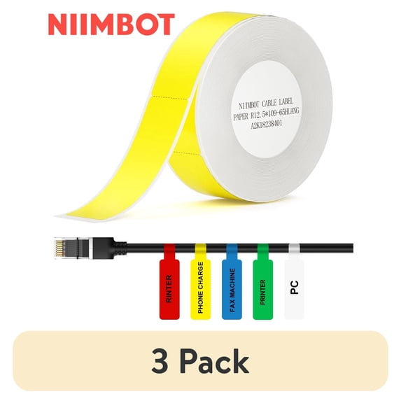 (3 pack) (3 pack) NIIMBOT Cable Label Maker Tape (0.49" x 4.29") Printer Sticker Paper with Self-Adhesive for D11/D110/D101/H1/H1S,1 Roll of 65 (Yellow)