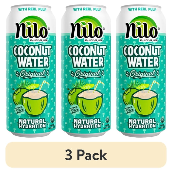 (3 pack) NILO 100% Pure Coconut Water with Pulp, Hydrating Electrolyte Drink, 16.57 fl oz