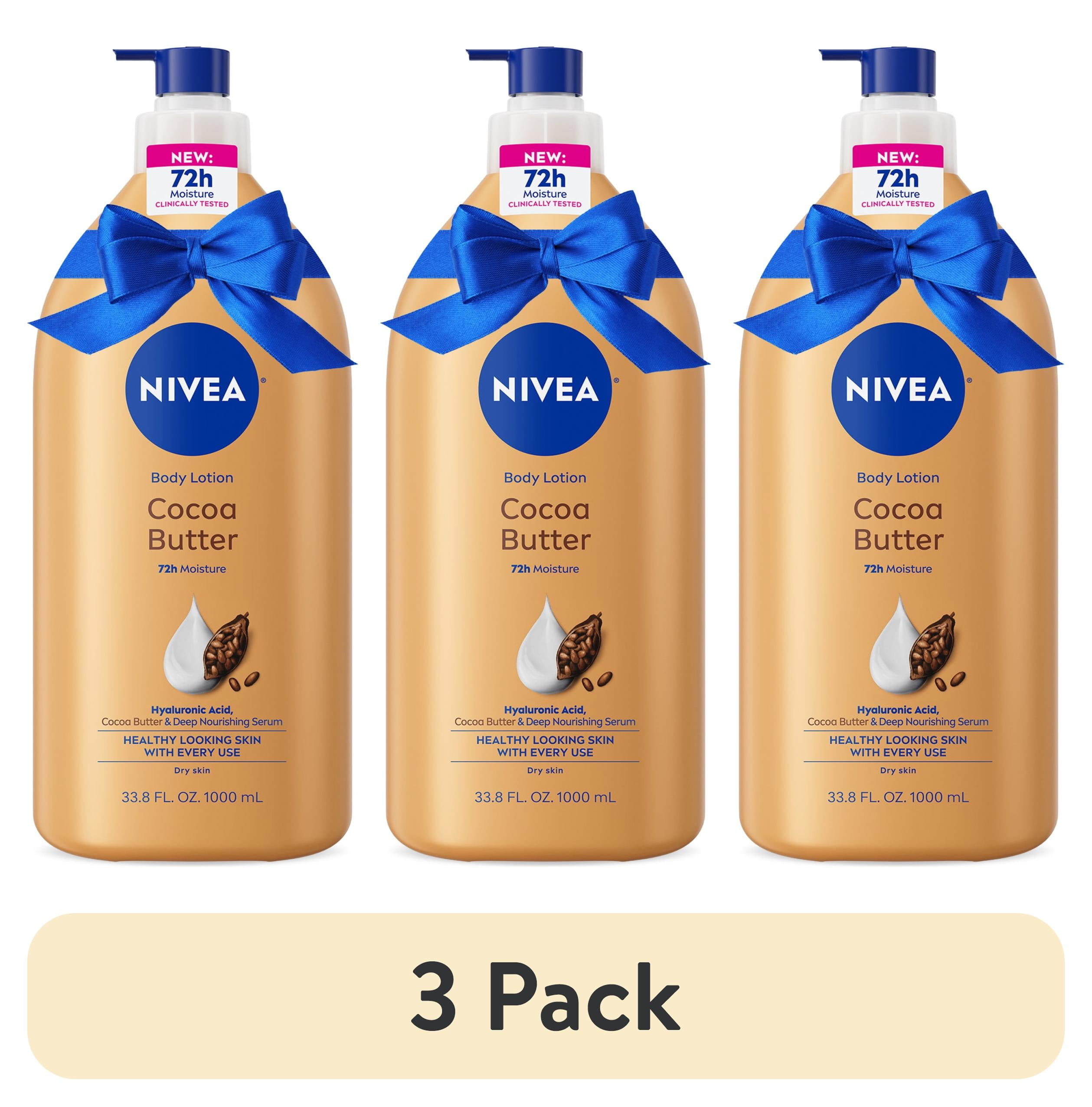 (3 pack) NIVEA Cocoa Butter Body Lotion with Hyaluronic Acid, 72 Hr Moisturizer, Holiday Gifts, 33.8 fl oz