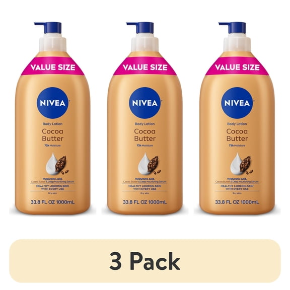 (3 pack) NIVEA Cocoa Butter Body Lotion for Dry Skin with Hyaluronic Acid, 72Hr Moisturizer, Value Size 33.8 fl oz