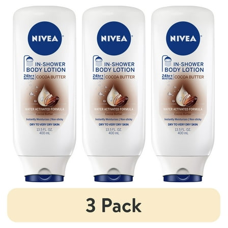 (3 pack) NIVEA Cocoa Butter In Shower Lotion for Dry Skin, 24-Hour Body Moisturizer, 13.5 fl oz