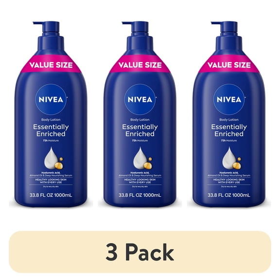 (3 pack) NIVEA Essentially Enriched Body Lotion for Dry Skin with Hyaluronic Acid and Almond Oil, Value Size 33.8 fl oz