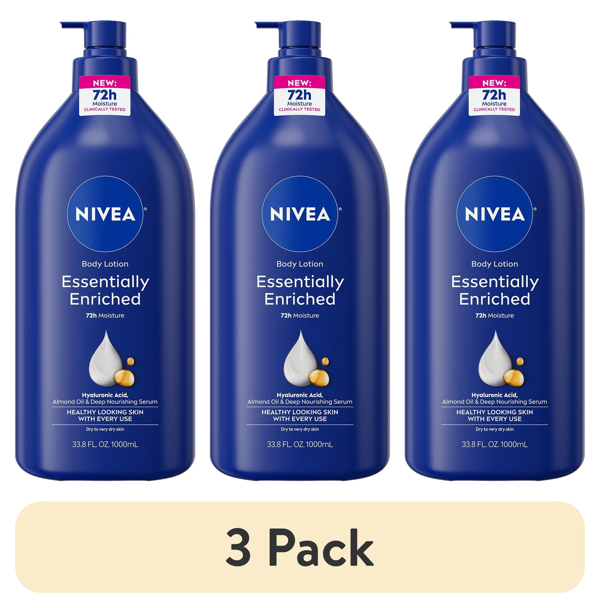 (3 pack) NIVEA Essentially Enriched Body Lotion for Dry Skin with Hyaluronic Acid and Almond Oil, Value Size 33.8 fl oz