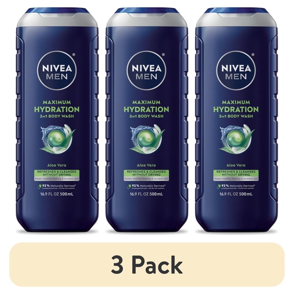 (3 pack) NIVEA MEN Maximum Hydration 3-in-1 Men's Body Wash for Dry Skin with Aloe Vera, 16.9 fl oz