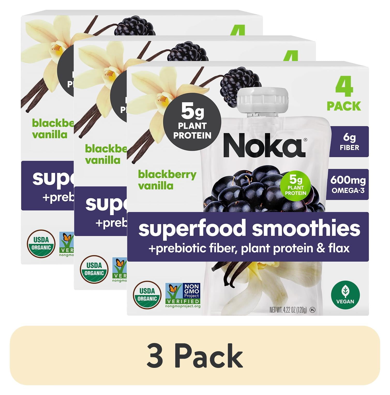 (3 pack) NOKA Organic Blackberry Vanilla Smoothie, 4.22 oz Pouches, 4 Count