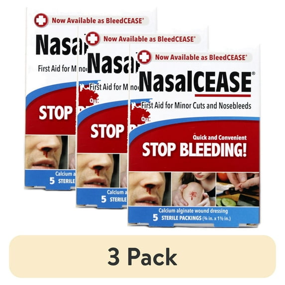 (3 pack) NasalCEASE First Aid Calcium Alginate Wound Dressing for Minor Cuts and Nosebleeds, Twist-or-Fold Insertion and Apply-Pressure Instructions, 5 Sterile Packings