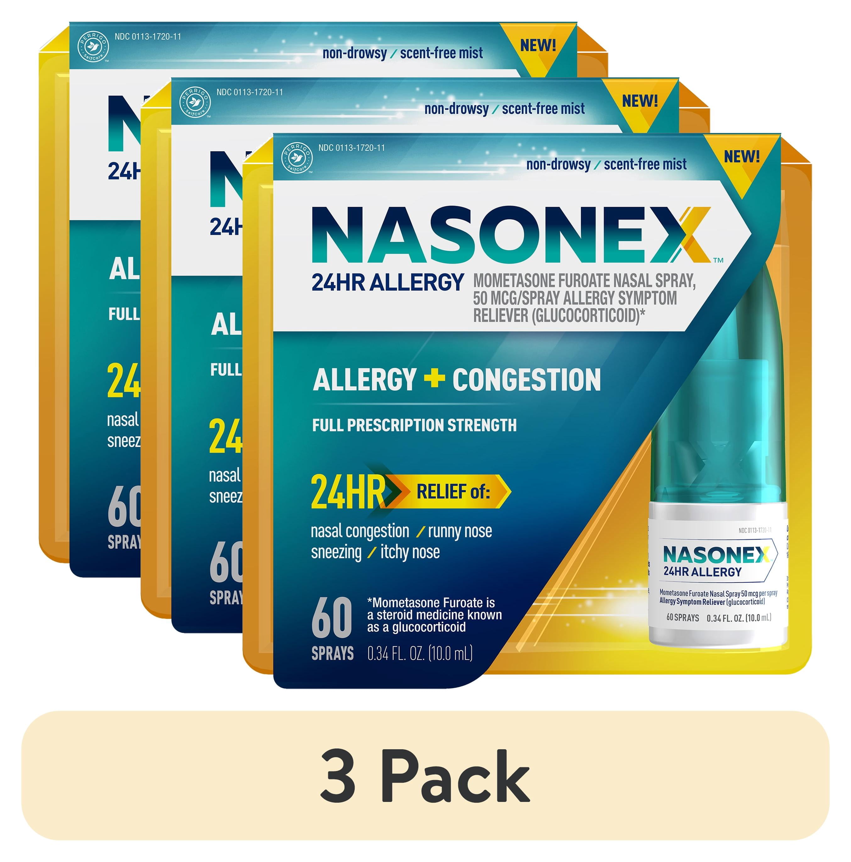 (3 pack) Nasonex 24HR Allergy Nasal Spray, Non-Drowsy, Scent-Free Mist, 60 Spray Count