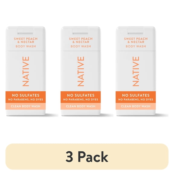 (3 pack) Native Body Wash, Sulfate Free, for Women & Men, Sweet Peach & Nectar, 3 fl oz
