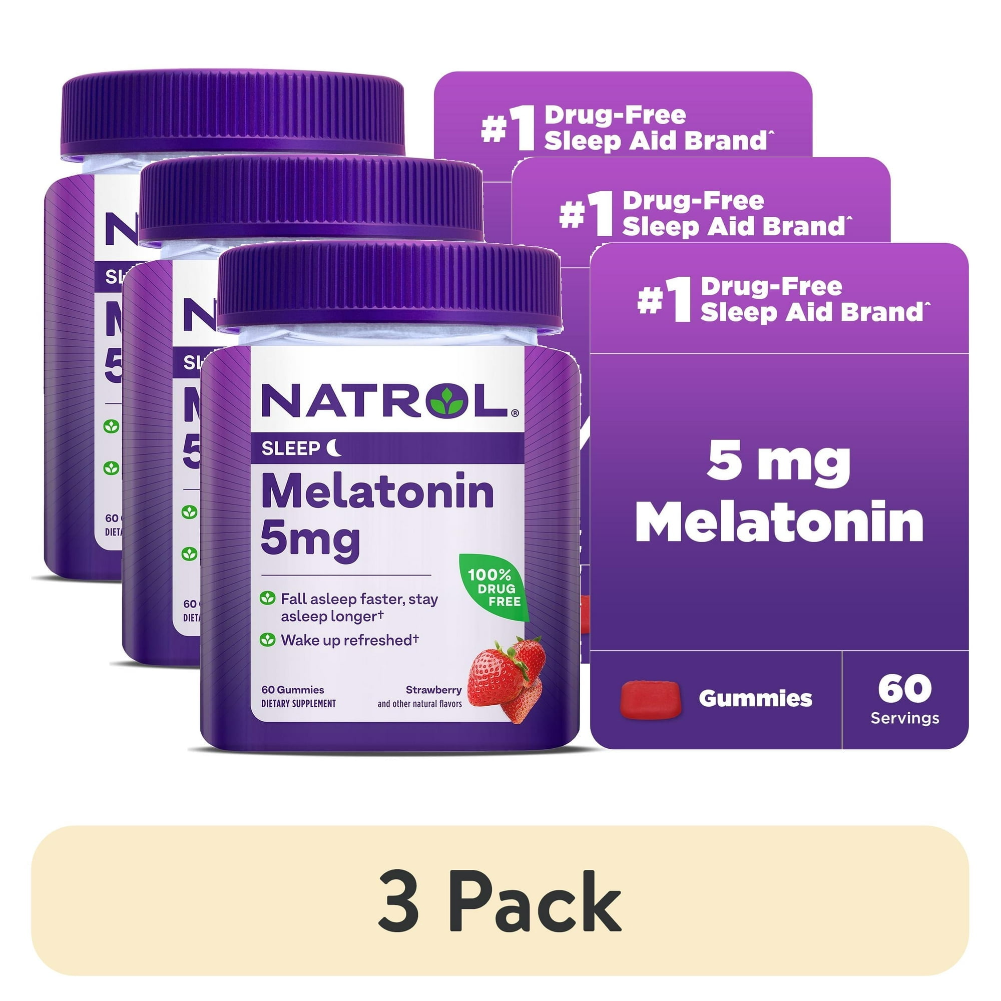 (3 pack) Natrol 5mg Melatonin Gummies, Sleep Support for Adults, 60 Strawberry-Flavored Gummies, 30 Servings