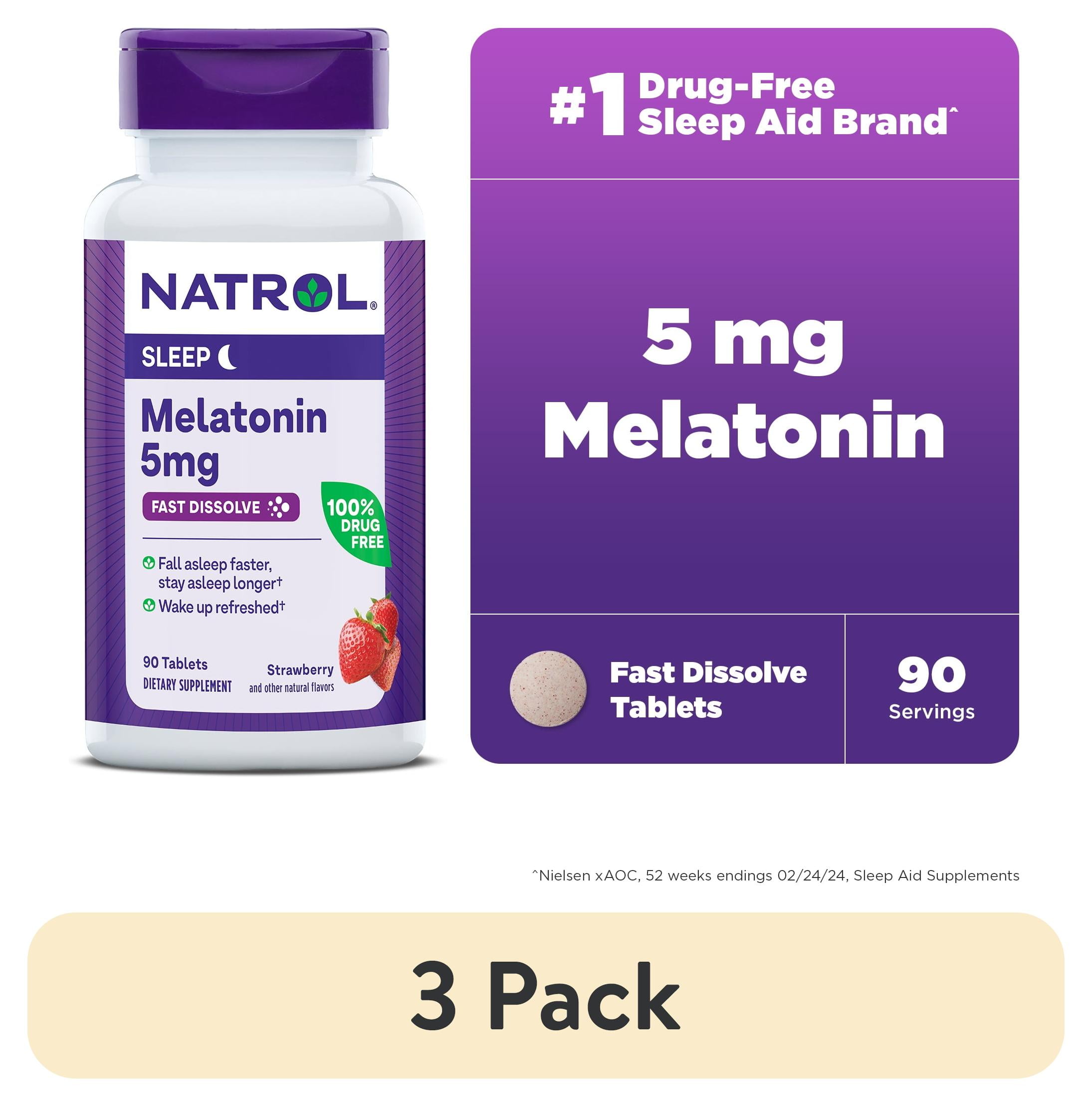 (3 pack) Natrol® Sleep Melatonin Fast Dissolve Tablets, Nighttime Sleep Aid, Strawberry Flavor, 5mg, 90 Count