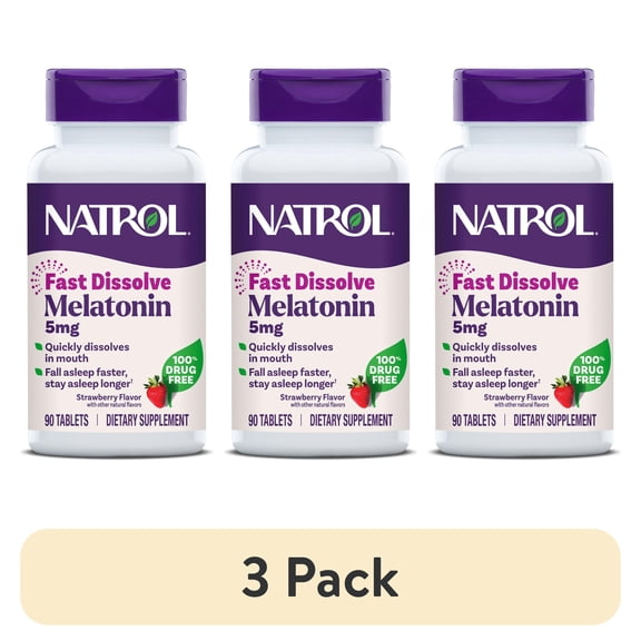 (3 pack) Natrol® Sleep Melatonin Fast Dissolve Tablets, Nighttime Sleep Aid, Strawberry Flavor, 5mg, 90 Count