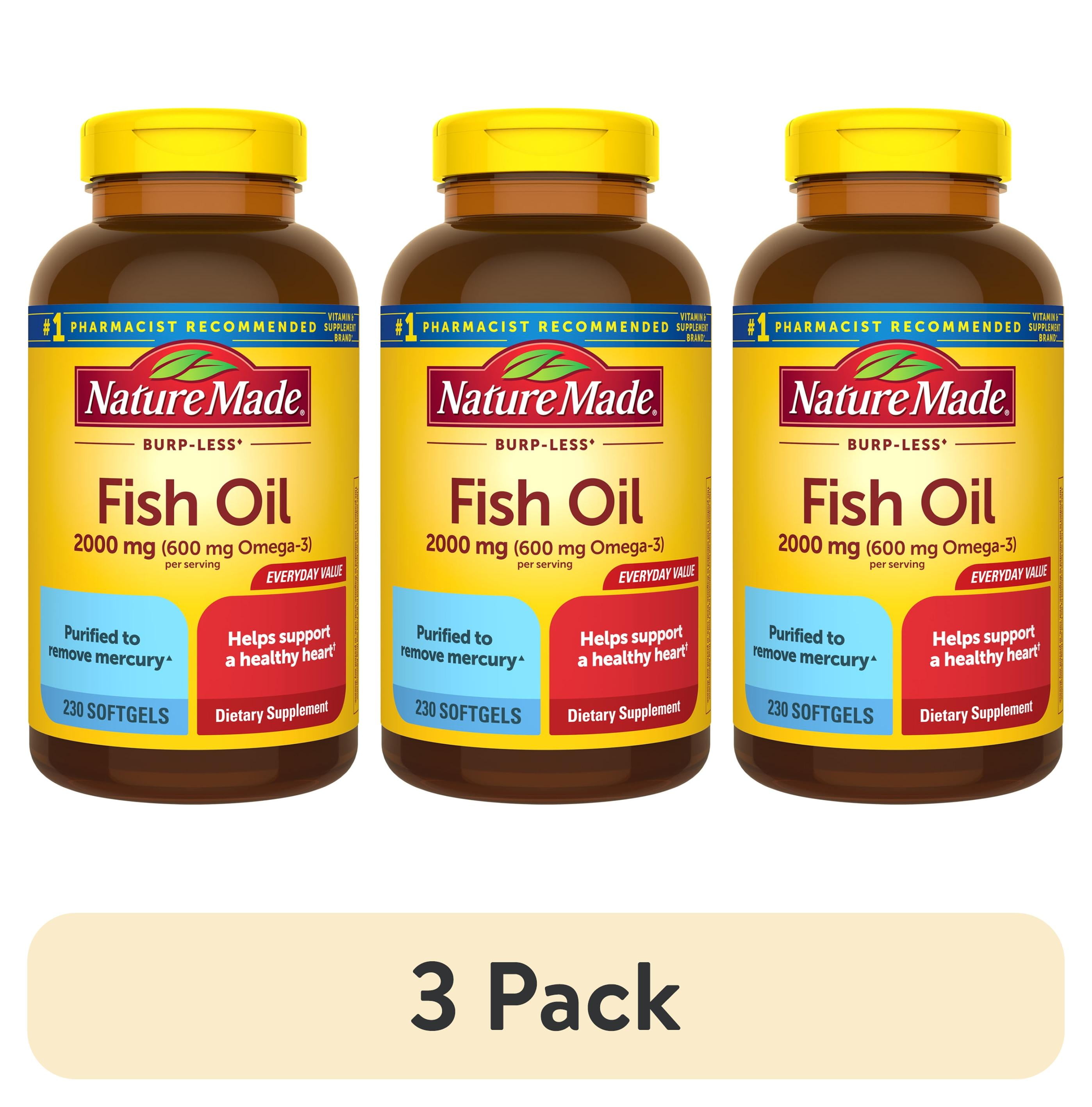 (3 pack) Nature Made Burp Less Fish Oil 2000 mg per Serving Softgels, Omega 3 Fish Oil Supplements, 230 Count