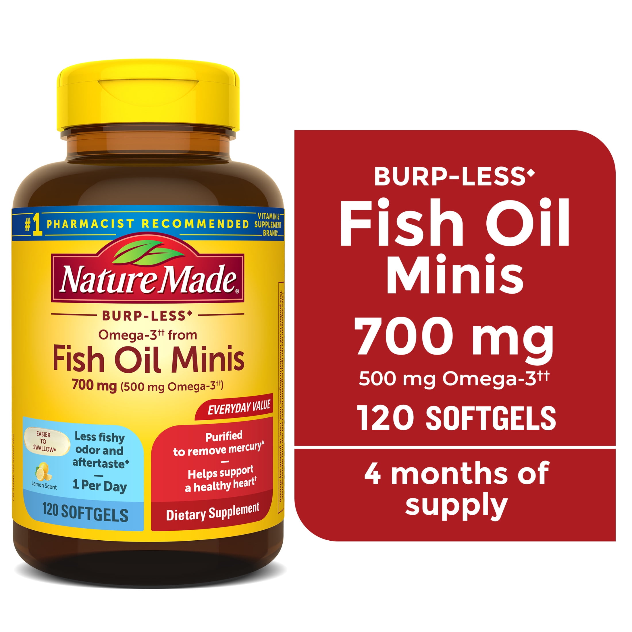 (3 pack) Nature Made Burp Less Omega 3 Fish Oil Supplements 700 mg Minis Softgels, 120 Count