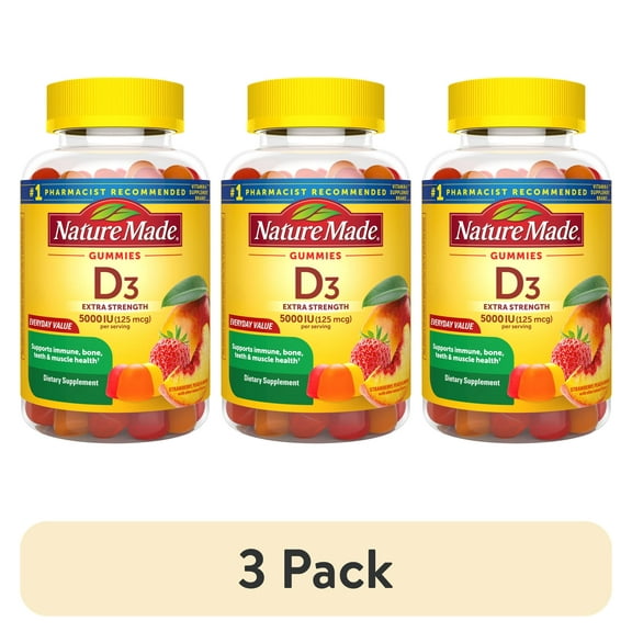 (3 pack) Nature Made Extra Strength Vitamin D3 5000 IU (125 mcg) per Serving Gummies, Dietary Supplement, 90 Count