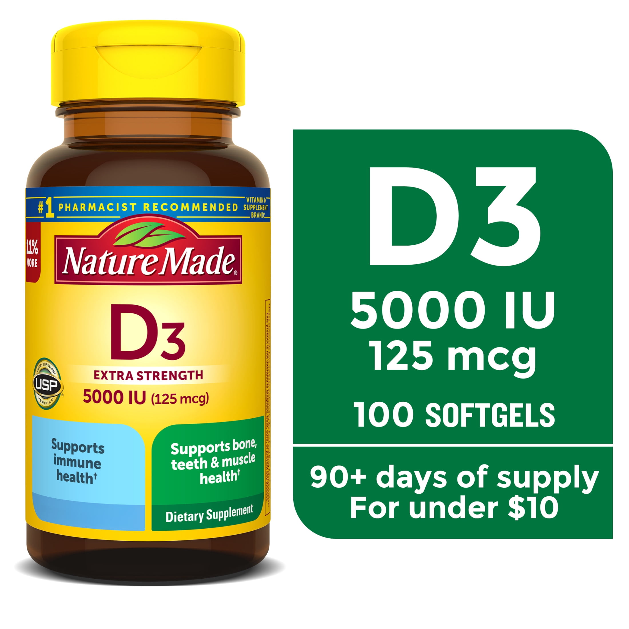 (3 pack) Nature Made Extra Strength Vitamin D3 5000 IU (125 mcg) Softgels, Dietary Supplement, 100 Count