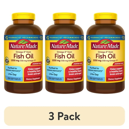(3 pack) Nature Made Omega 3 Fish Oil 1200mg One per Day Softgels, Fish Oil Supplements, 290 Count