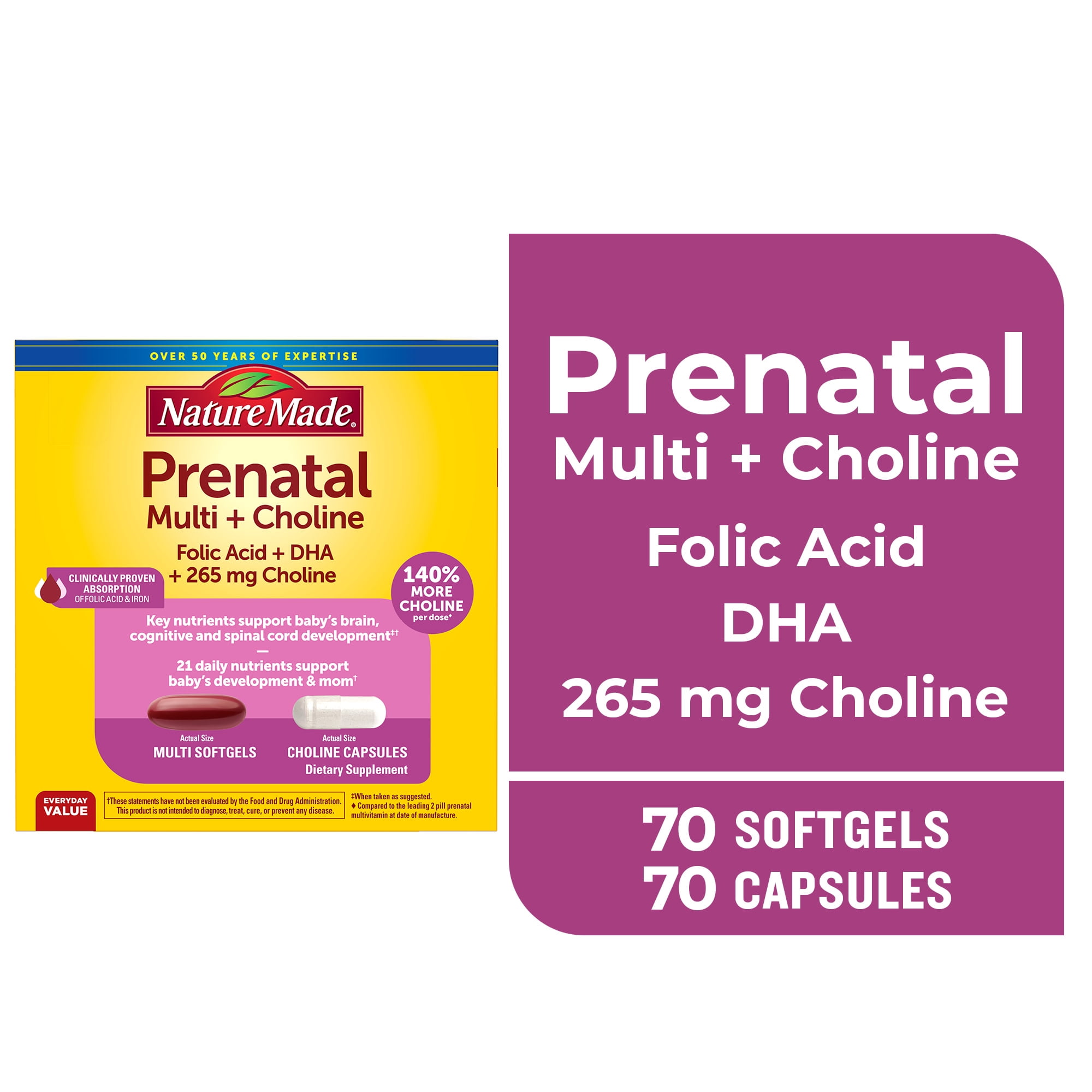 (3 pack) Nature Made Prenatal Vitamins Softgels + Choline Supplement Capsules, 70 + 70 Count