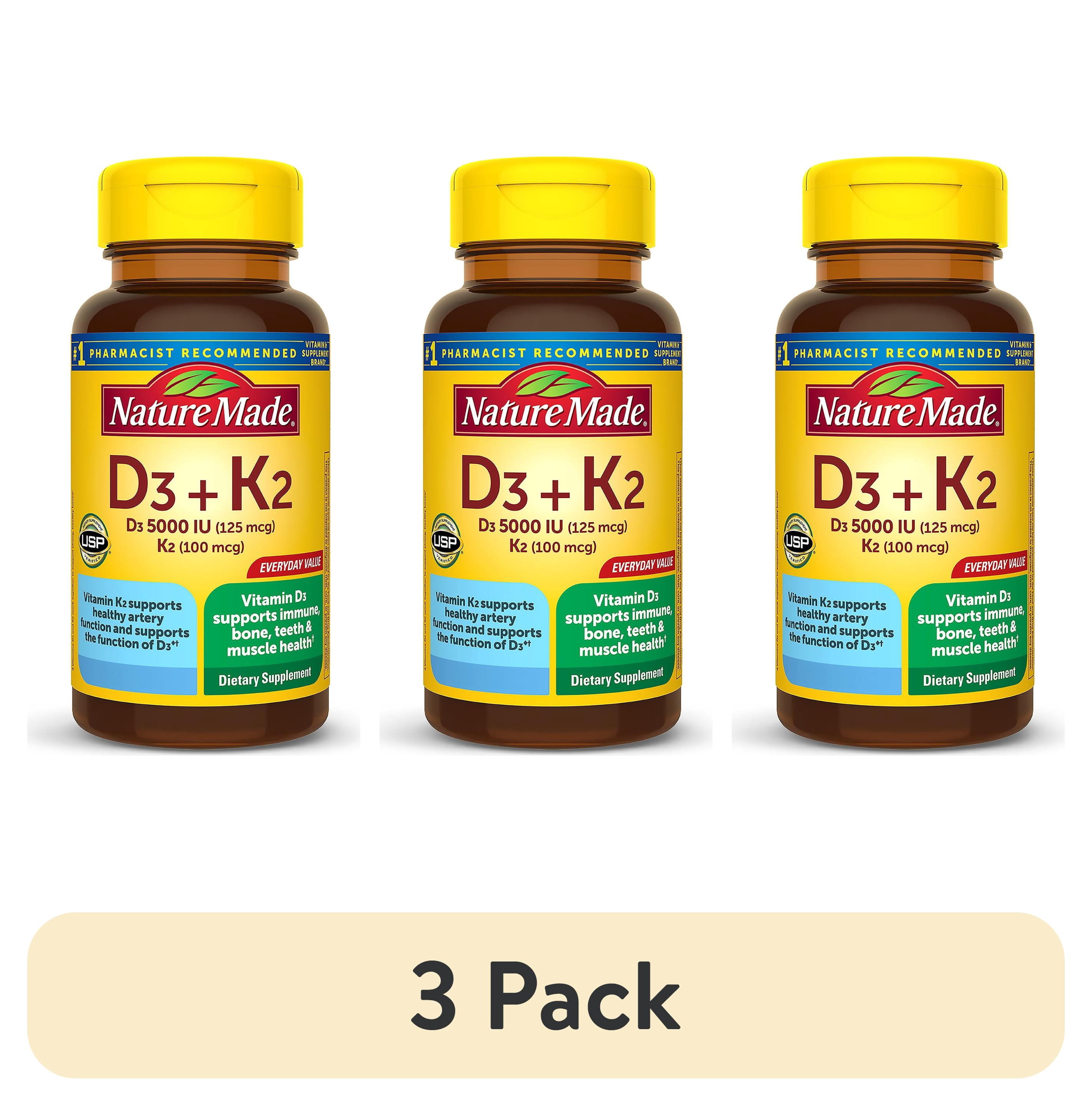 (3 pack) Nature Made Vitamin D3 K2 Supplement, 5000 IU (125 mcg) Vitamin D Softgels, 60 Count