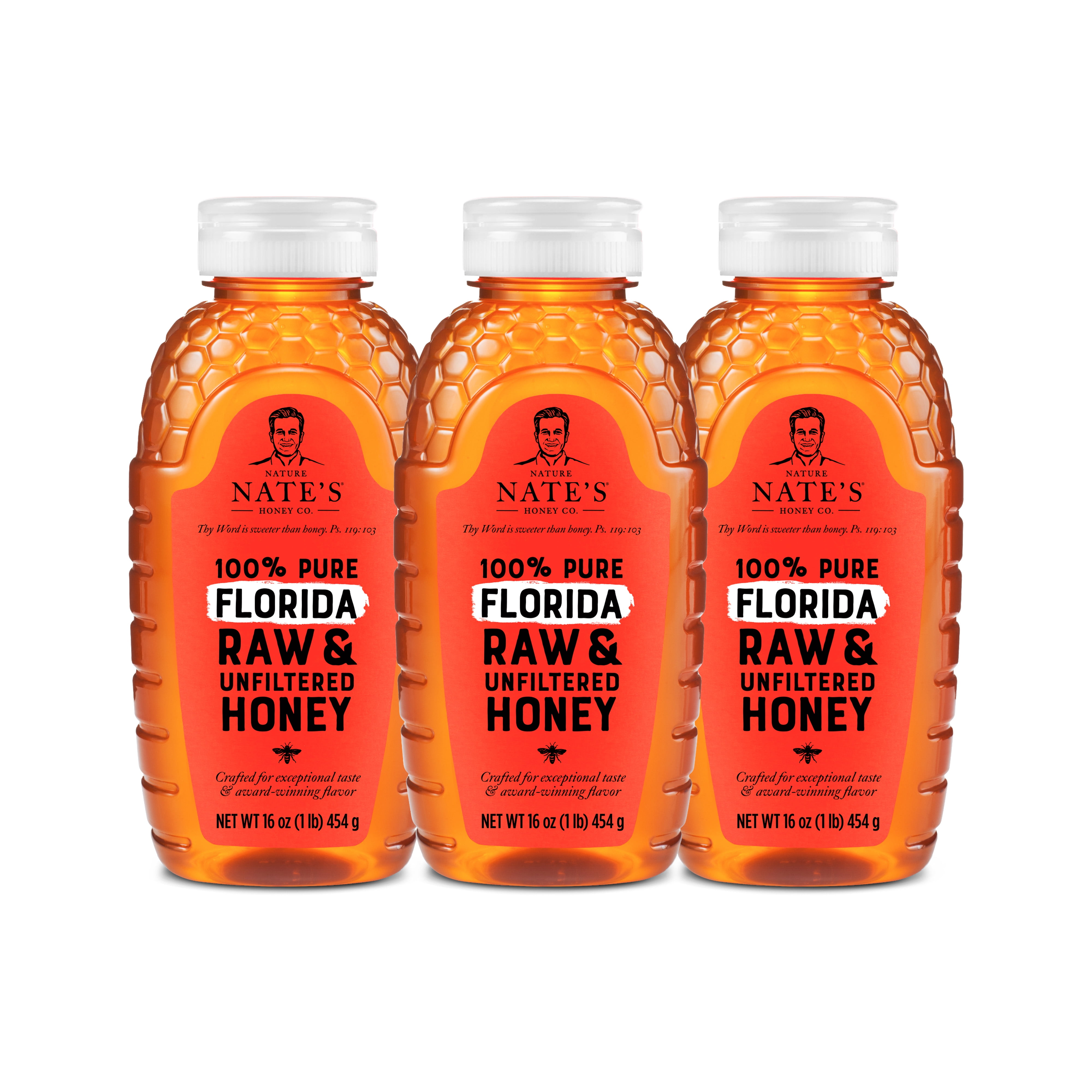 (3 pack) Nate's Florida Honey: 100% Pure, Raw and Unfiltered Honey - 16 fl oz Gluten-Free Honey