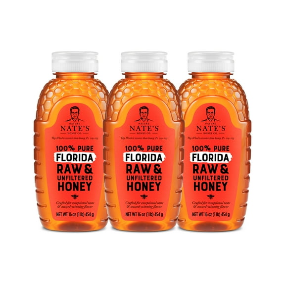 (3 pack) Nate's Florida Honey: 100% Pure, Raw and Unfiltered Honey - 16 fl oz Gluten-Free Honey