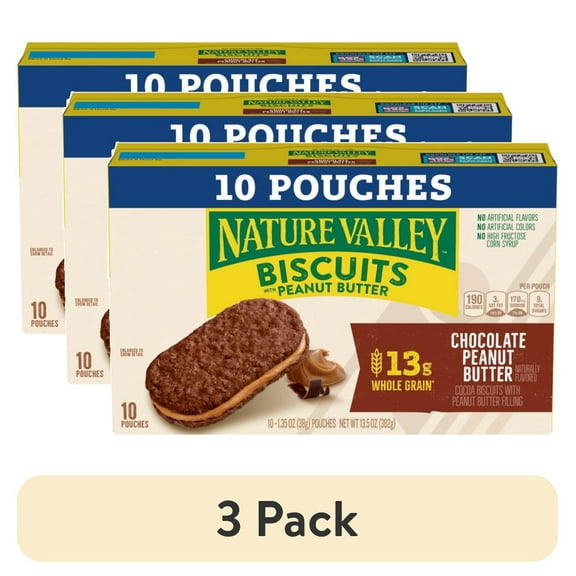 (3 pack) Nature Valley Biscuit Sandwiches, Chocolate Peanut Butter, Snack Bars, 10 Bars, 13.5 oz