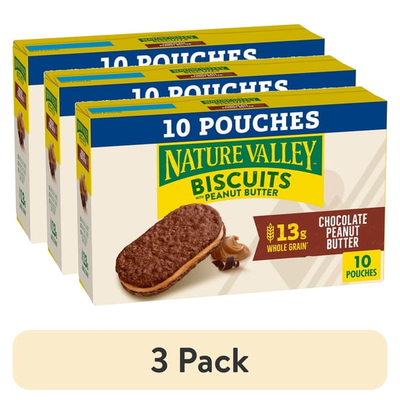 (3 pack) Nature Valley Biscuit Sandwiches, Chocolate Peanut Butter, Snack Bars, 10 Bars, 13.5 oz