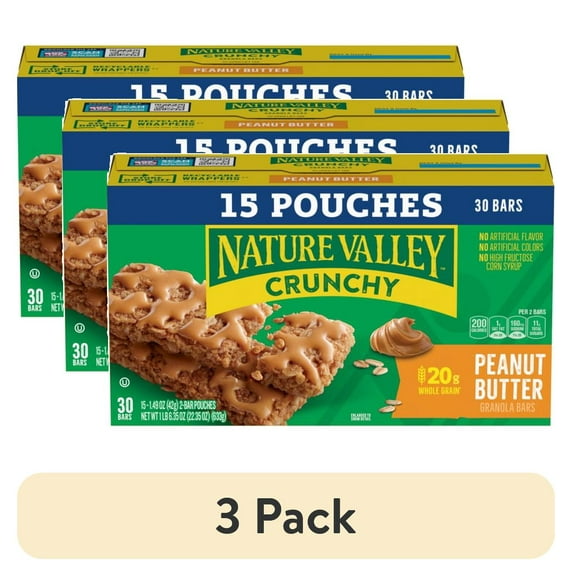 (3 pack) Nature Valley Crunchy Granola Bars, Peanut Butter, 30 Count, 22.35 oz (15 Pouches)