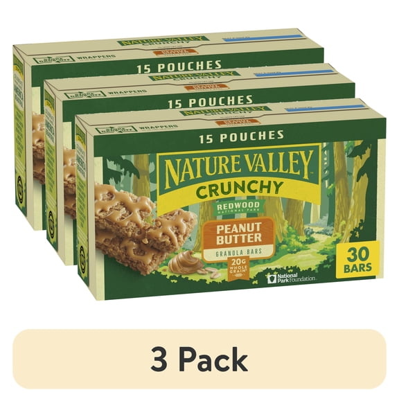 (3 pack) Nature Valley Crunchy Granola Bars, Peanut Butter, 30 Count, 22.35 oz (15 Pouches)