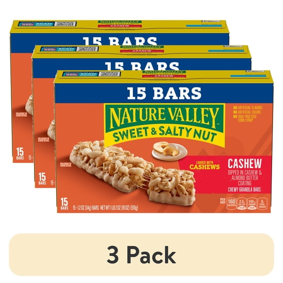 (3 pack) Nature Valley Sweet and Salty Nut Granola Bars, Cashew, 15 Bars, 18 oz