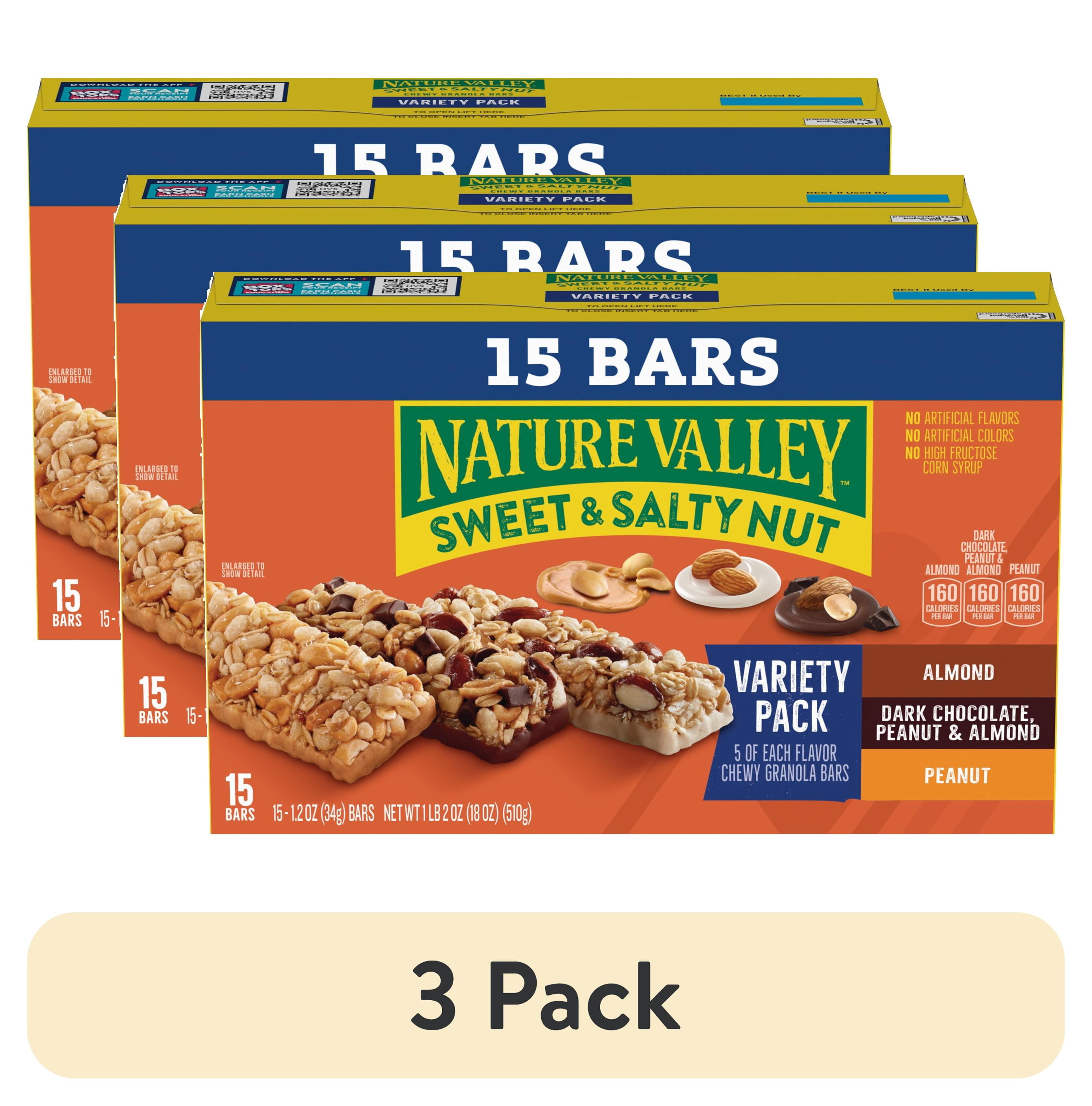 (3 pack) Nature Valley Sweet and Salty Nut Granola Bars, Variety Pack, 15 Bars, 18 oz
