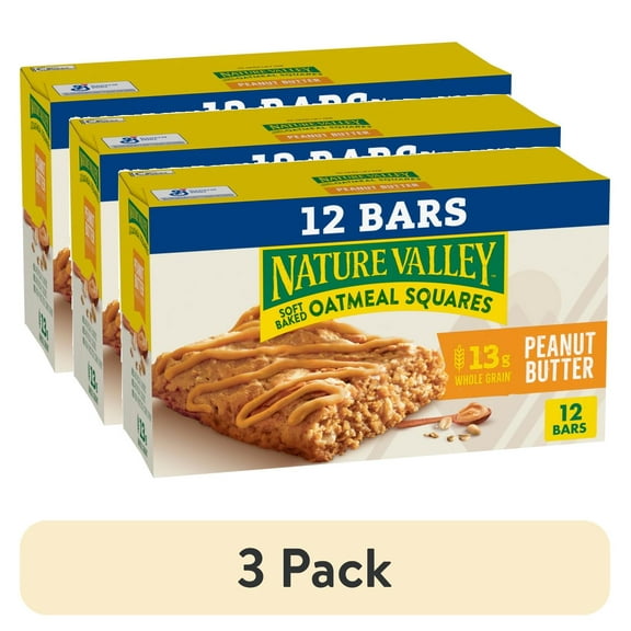 (3 pack) Nature Valley Soft Baked Oatmeal Squares, Peanut Butter, 12 Bars, 14.88 oz