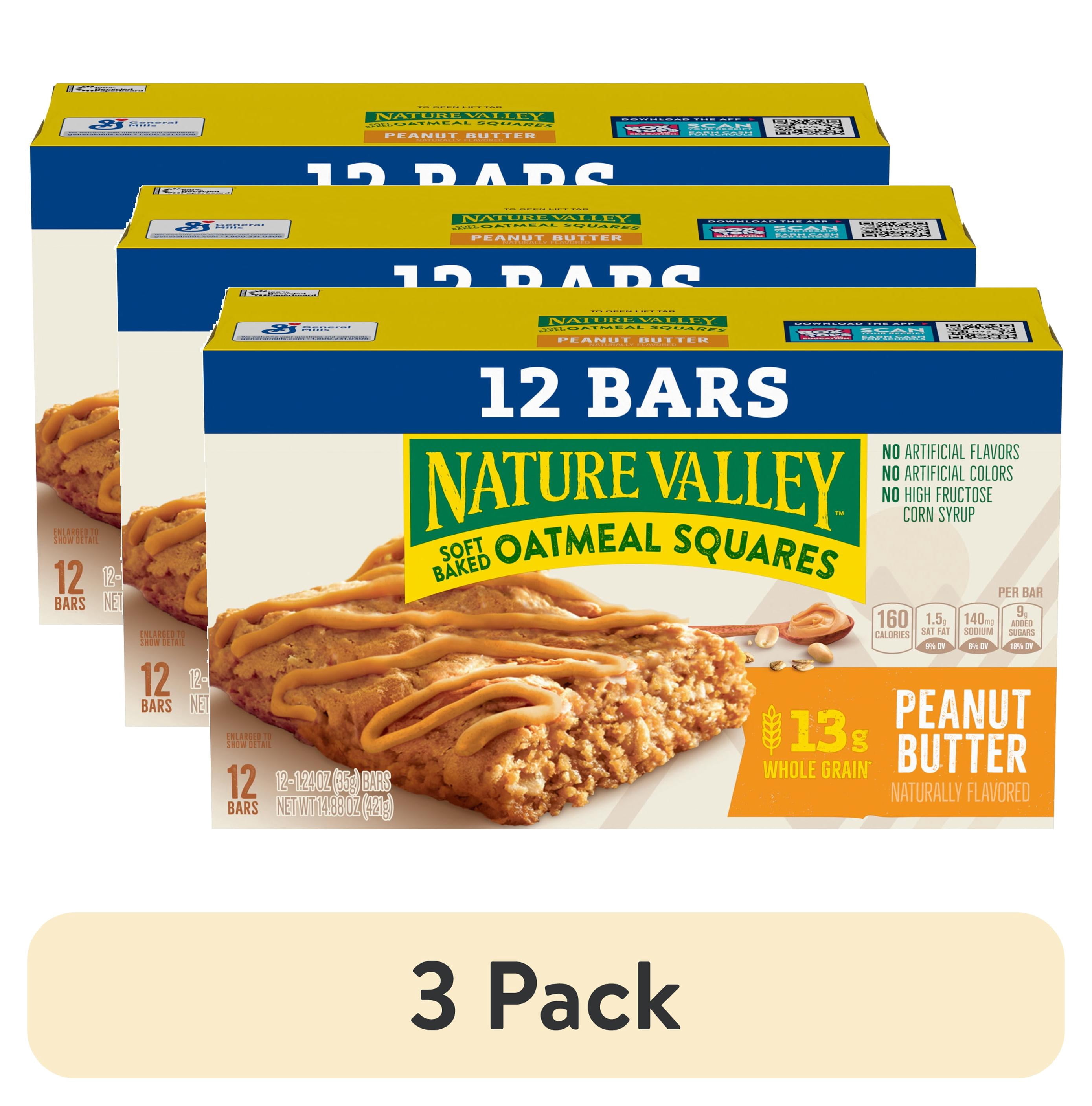 (3 pack) Nature Valley Soft Baked Oatmeal Squares, Peanut Butter, 12 Bars, 14.88 oz