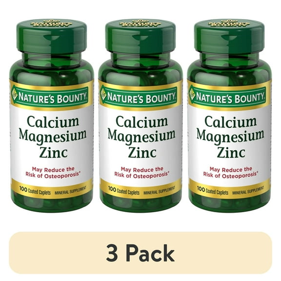 (3 pack) Nature's Bounty Calcium, Magnesium, Zinc Coated Caps for Bone Health, 100 Ct