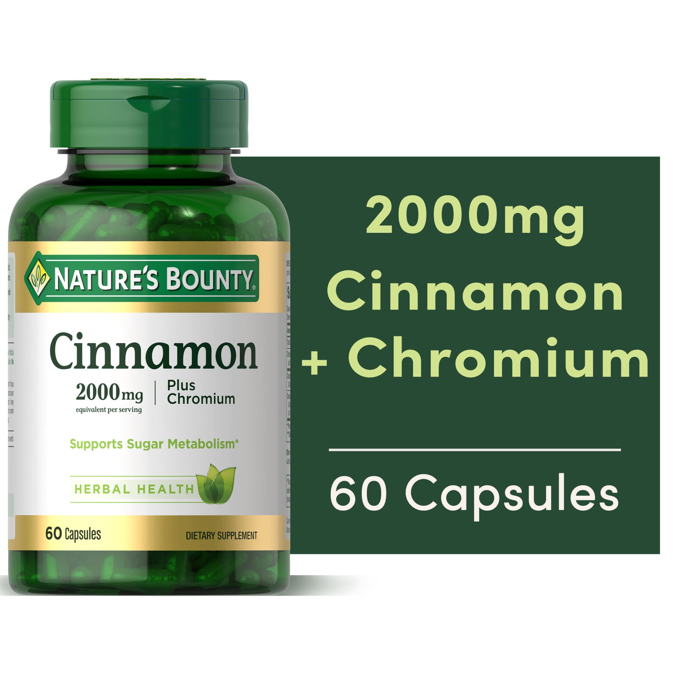 (3 pack) Nature's Bounty Cinnamon 2000mg Plus Chromium Capsules, Blood Sugar Metabolism Support, Herbal Health Supplement, 60 Count