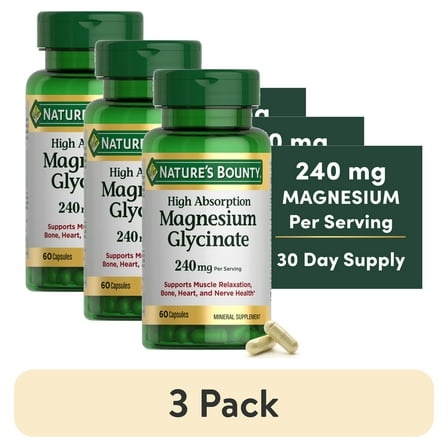 (3 pack) Nature's Bounty High Absorption Magnesium Glycinate Supplements, 240mg, Supports Muscle Relaxation, Bone Heart and Nerve Health, 60 Capsules