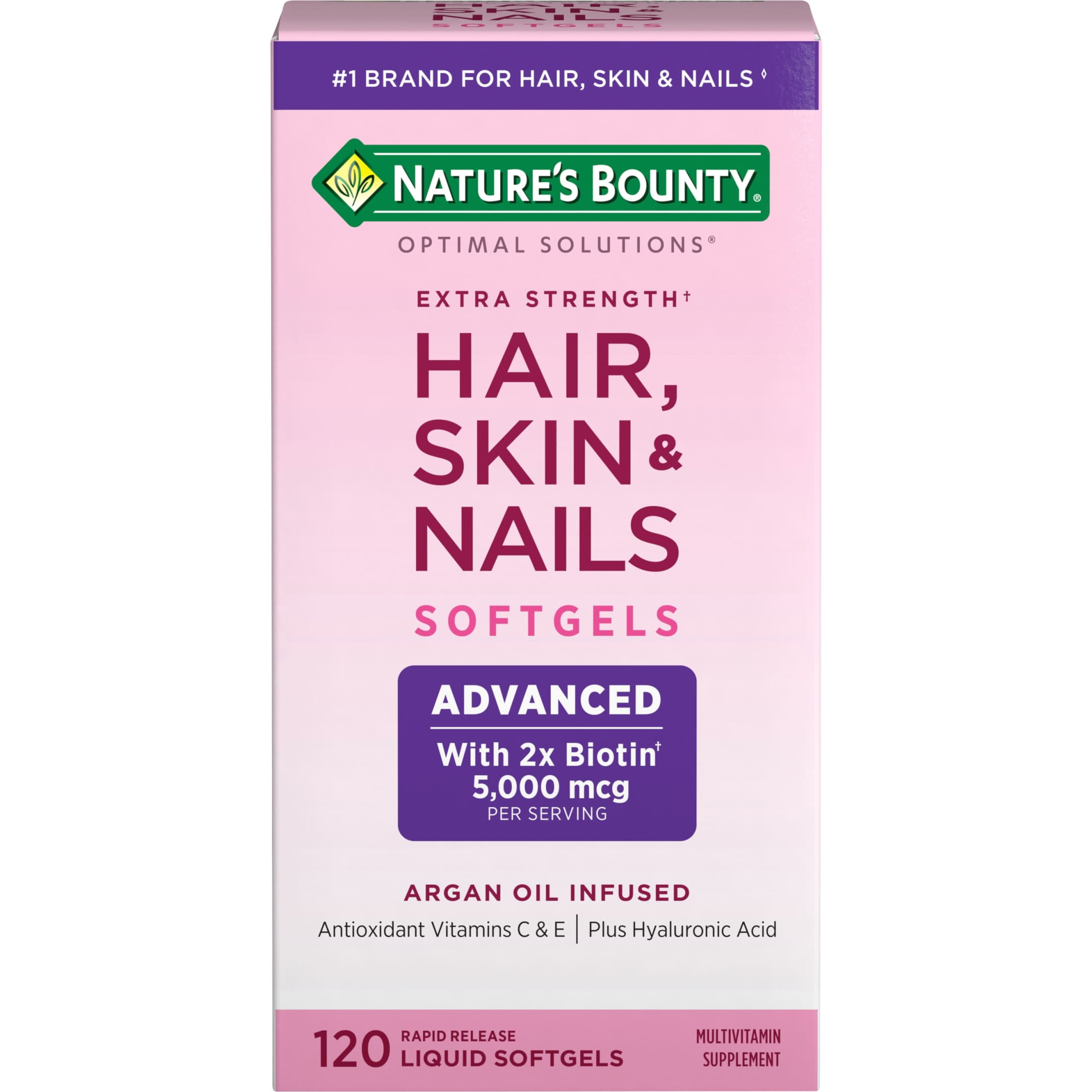 (3 pack) Nature's Bounty Optimal Solutions Advanced Hair, Skin and Nail Biotin & Vitamins A, C, & E, Women's Multivitamin, Softgels, 120 Ct