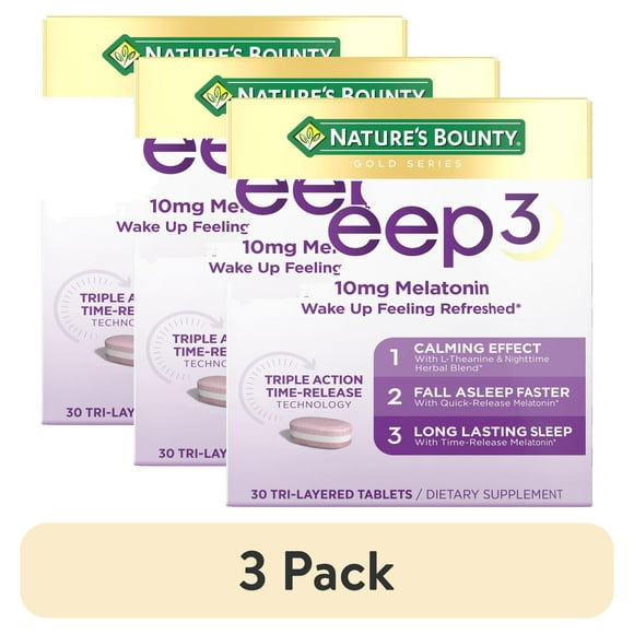 (3 pack) Nature's Bounty Sleep3 Melatonin, Maximum Strength Drug Free Sleep Aid, Tri-Layered Tablets, 10 Mg, 30 Ct