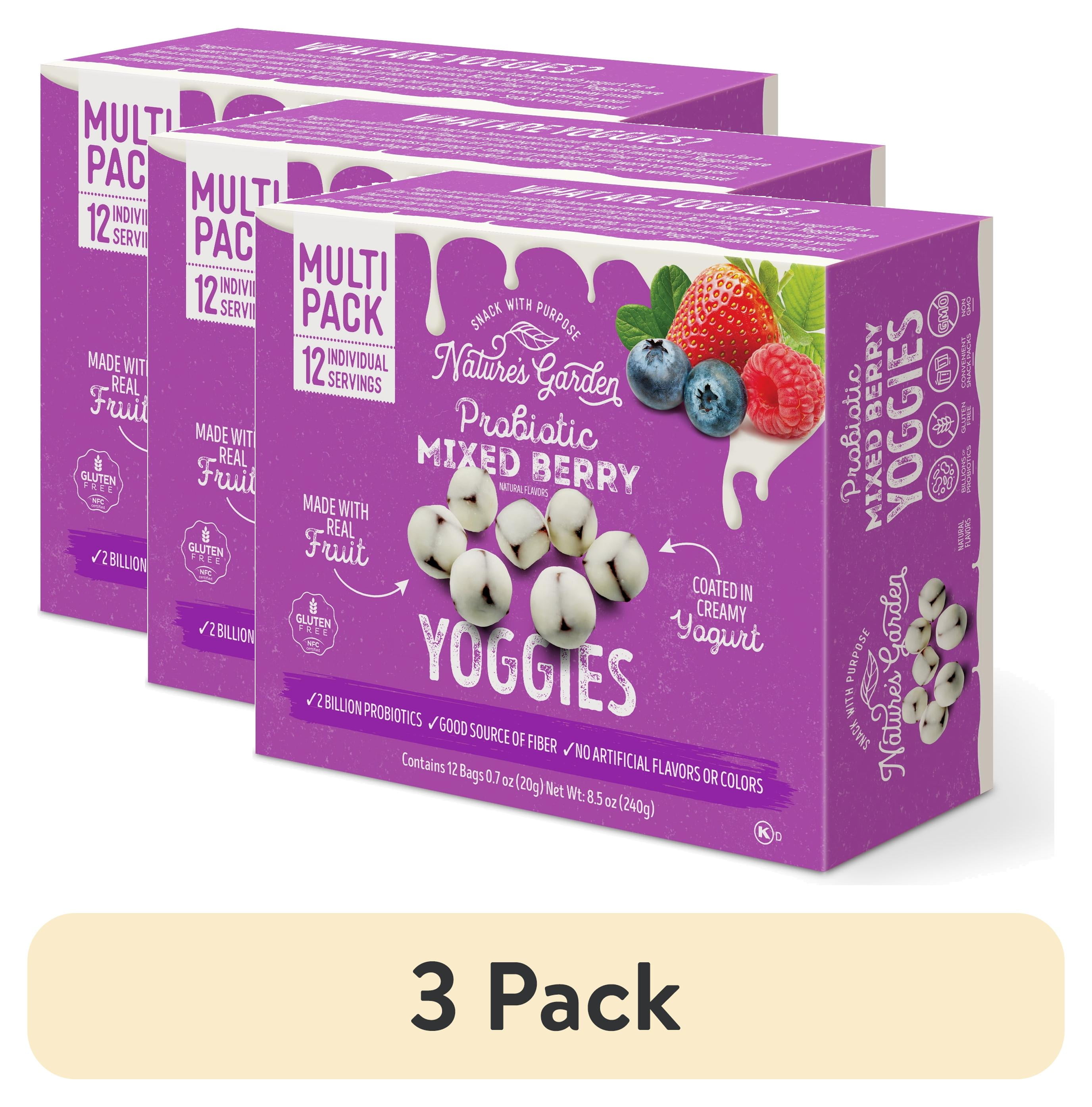 (3 pack) Nature's Garden, Probiotic Mixed Berry Yoggies, Gluten- Free, Non-GMO, Soft Chew, Fruit Snacks, 0.7 oz, 12 Count