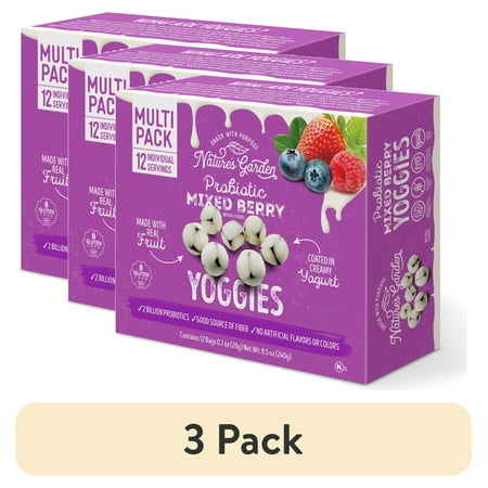 (3 pack) Nature's Garden, Probiotic Mixed Berry Yoggies, Gluten- Free, Non-GMO, Soft Chew, Fruit Snacks, 0.7 oz, 12 Count