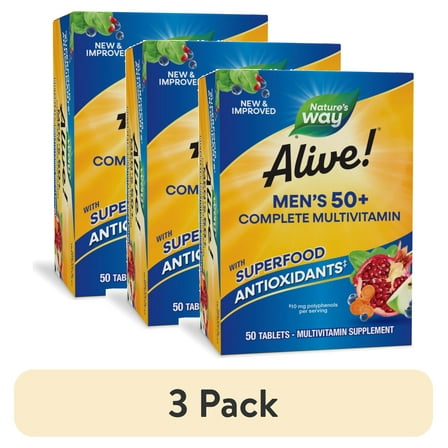 (3 pack) Nature's Way Alive! Men's 50+ Complete Multivitamin Tablets, B-Vitamins, 50 Count
