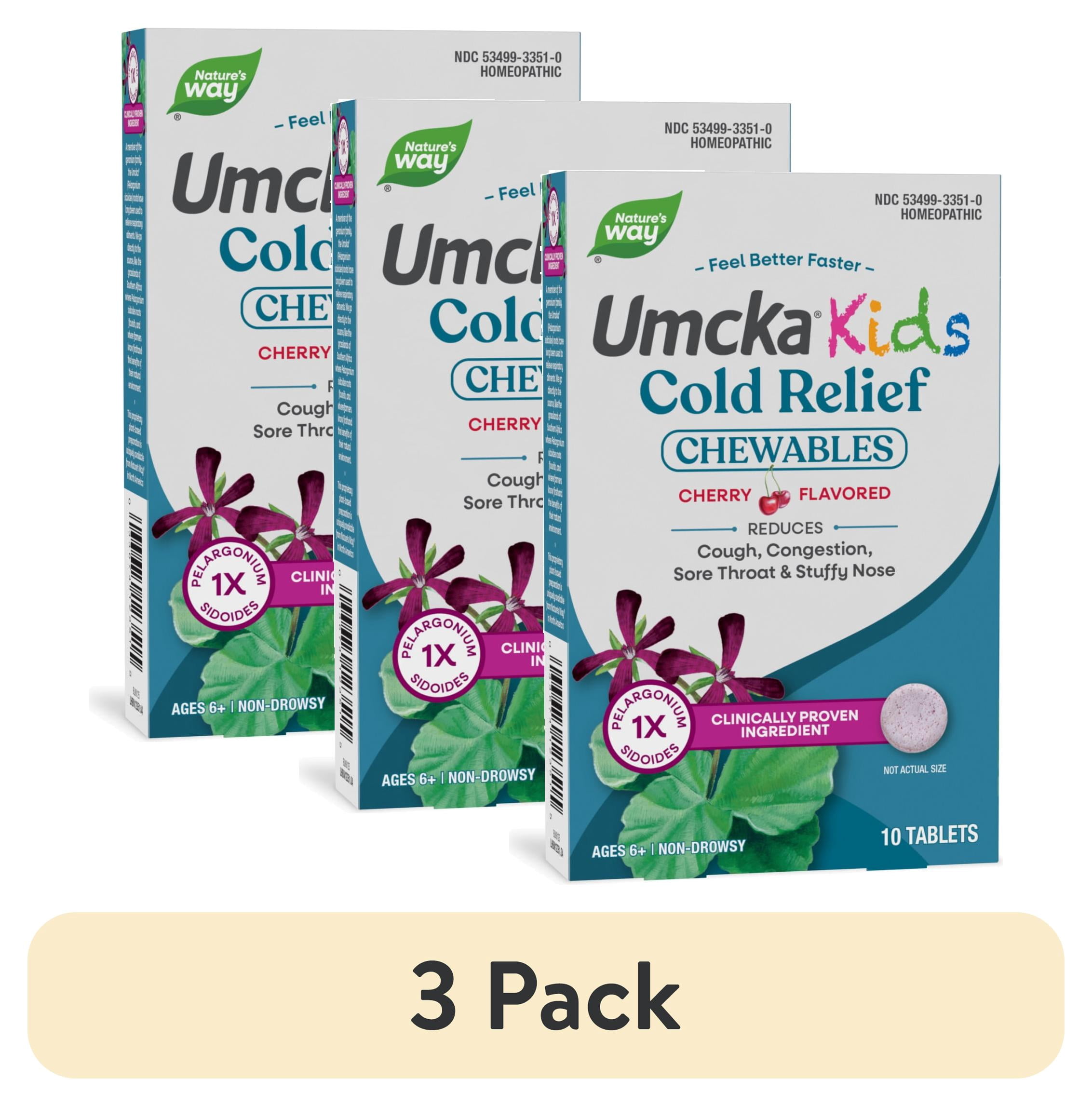 (3 pack) Nature's Way Umcka Kids Cold Relief Chewable Tablets, Homeopathic, Shortens Colds, Cherry, 10 Count