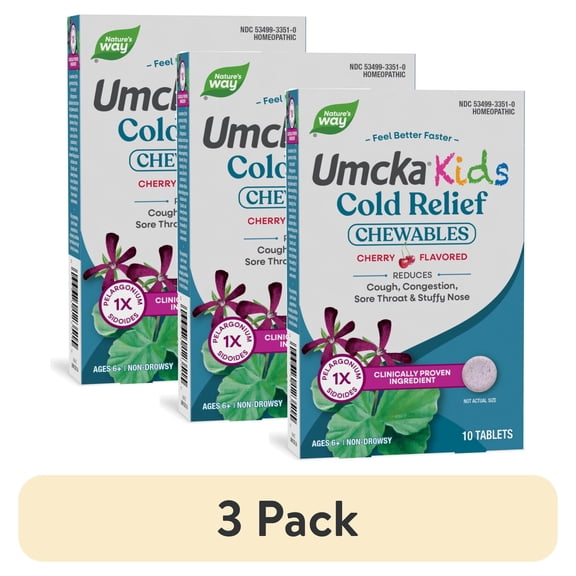 (3 pack) Nature's Way Umcka Kids Cold Relief Chewable Tablets, Homeopathic, Shortens Colds, Cherry, 10 Count